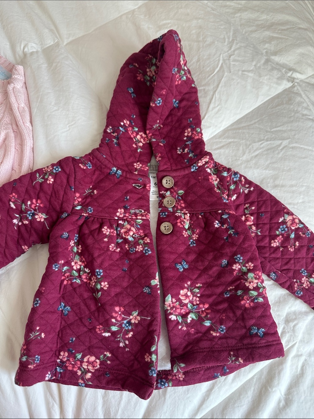 Carter's Quilted Floral Hooded Coat - Burgundy with Blue & Pink Accents